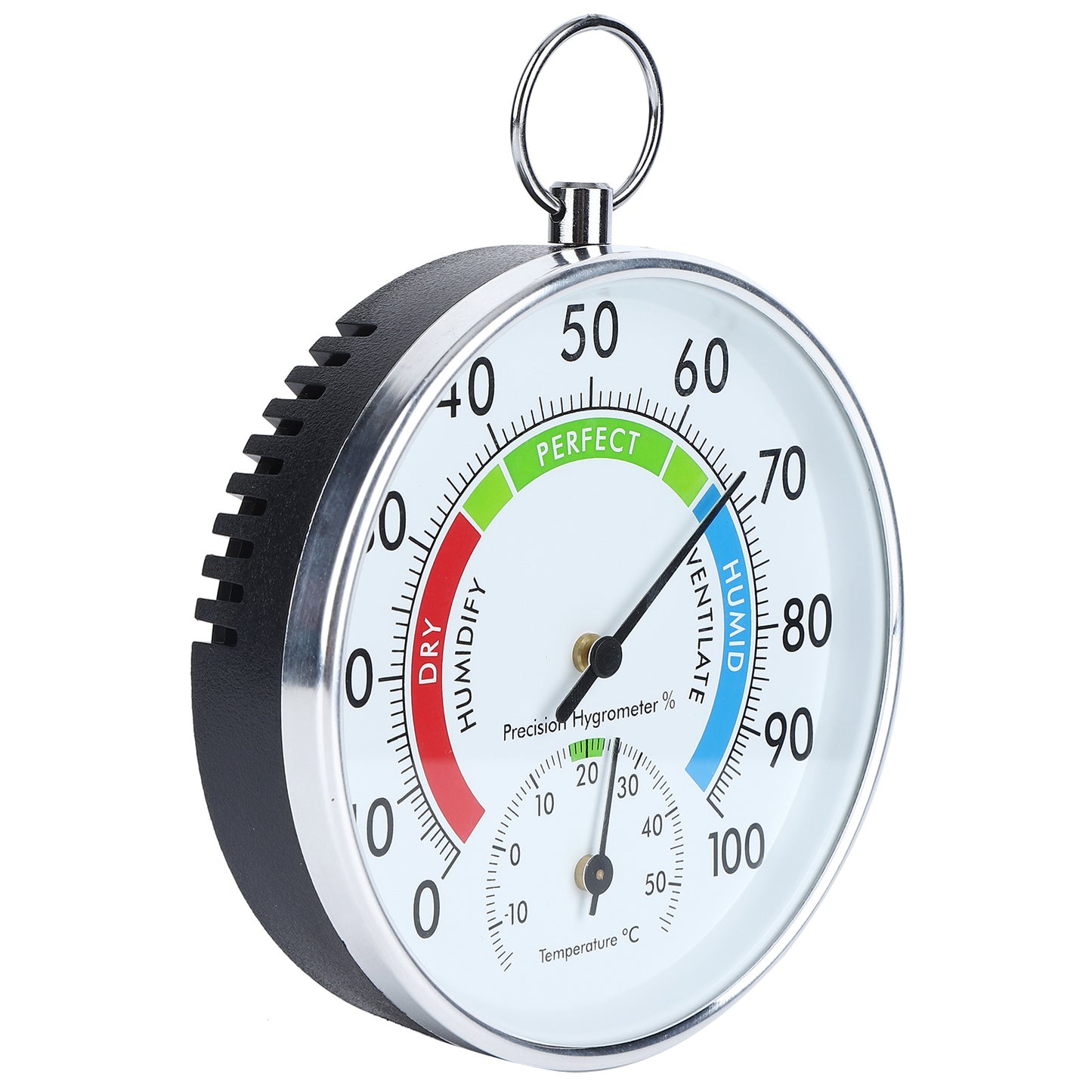 A wall hanging thermometer hygrometer with a white face, silver ring for hanging, and green, red, and blue color coding for temperature and humidity readings.