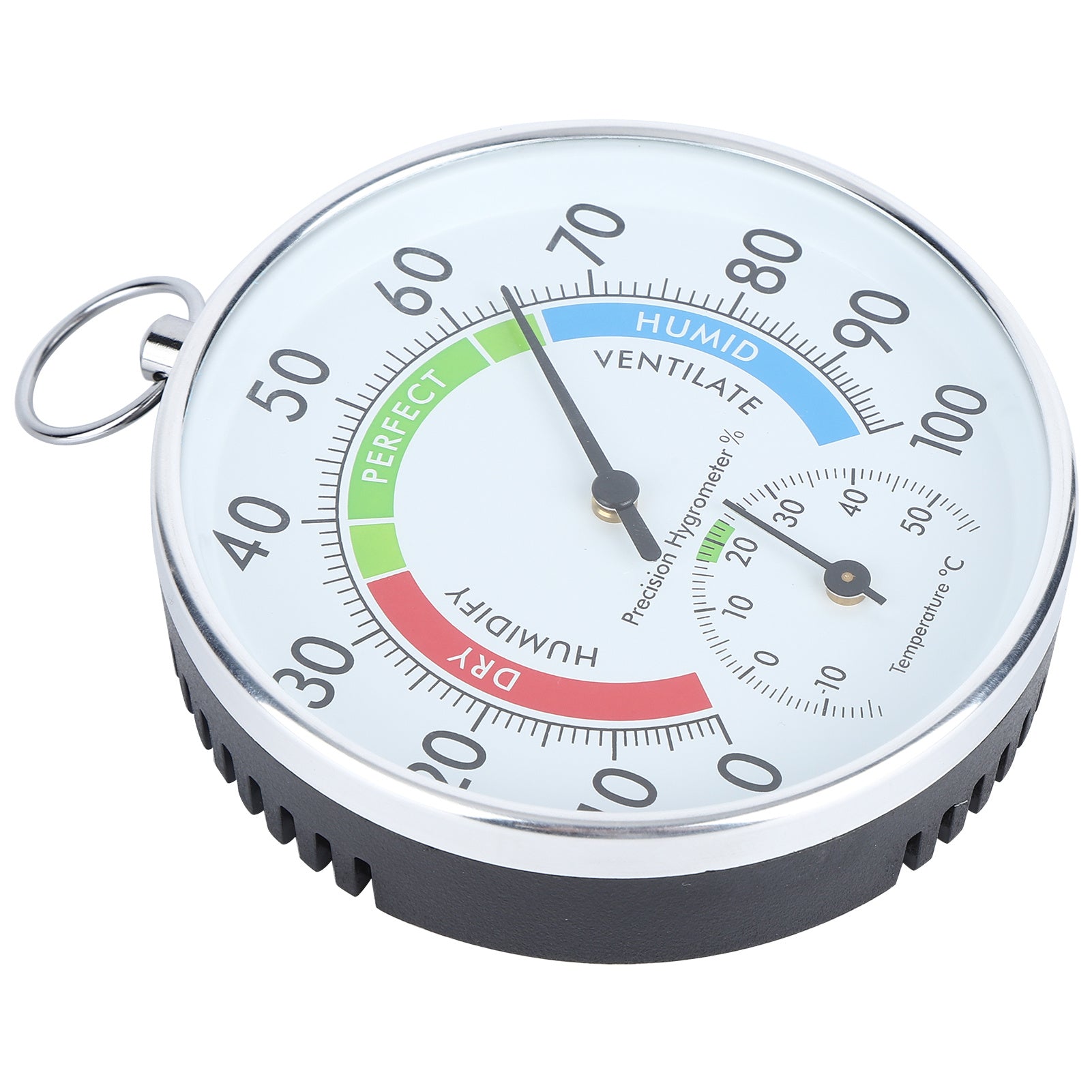 A wall hanging thermometer hygrometer with a white face, silver ring for hanging, and green, red, and blue color coding for temperature and humidity readings.