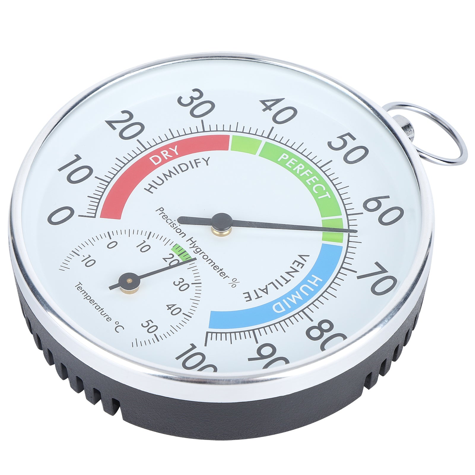 A wall hanging thermometer hygrometer with a white face, silver ring for hanging, and green, red, and blue color coding for temperature and humidity readings.