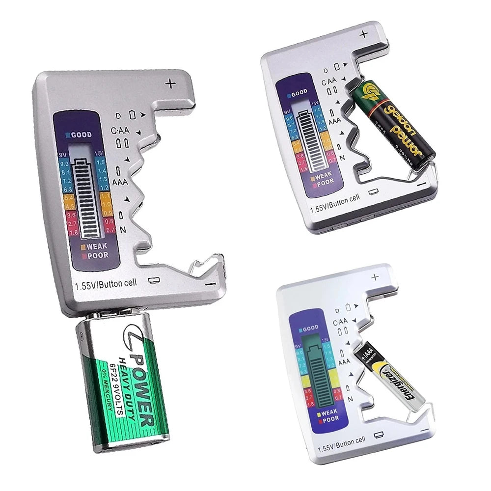 Three battery testers with visible brand names on a white background