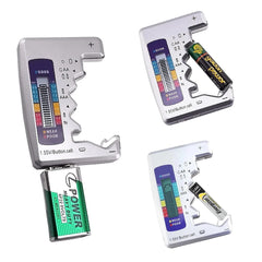 Three battery testers with visible brand names on a white background