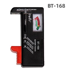 Battery tester with a red clip on a white background