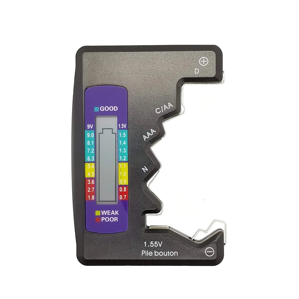 Battery tester with digital display on a white background