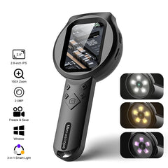 Handheld microscope with display and light settings on a white background