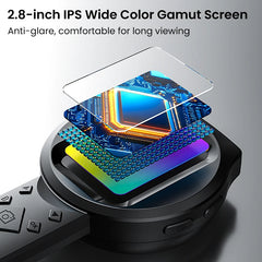 Close-up of a screen with electronic components and text about a 2.8-inch IPS wide color gamut screen.