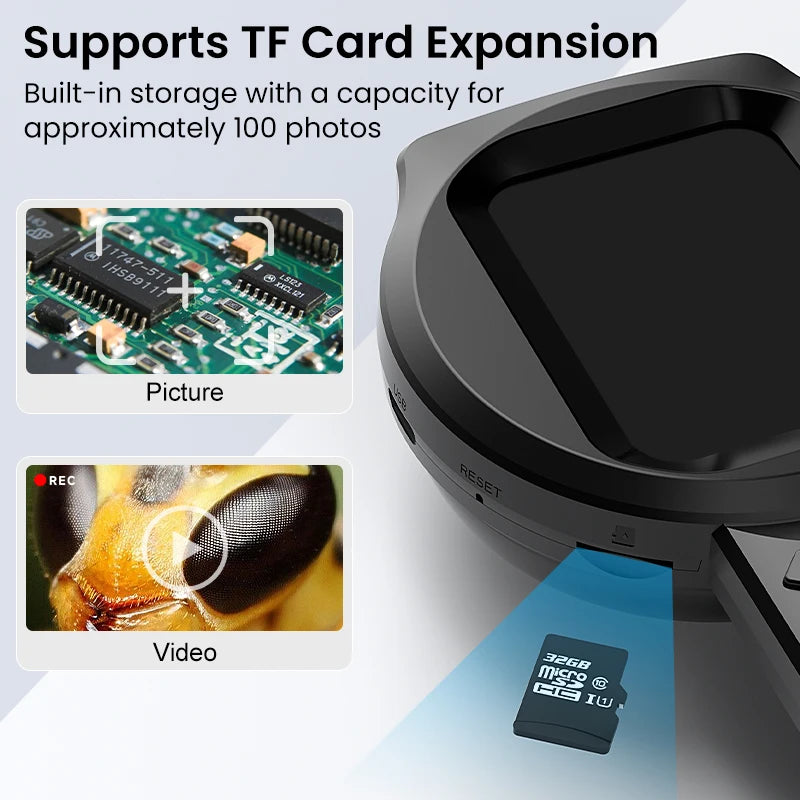 Product with TF card expansion feature, showing storage capacity and compatibility with pictures and videos.