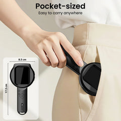 Person putting black sunglasses into a pocket with a measurement card on the side.