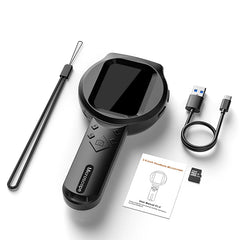 Handheld microscope with accessories on a white background