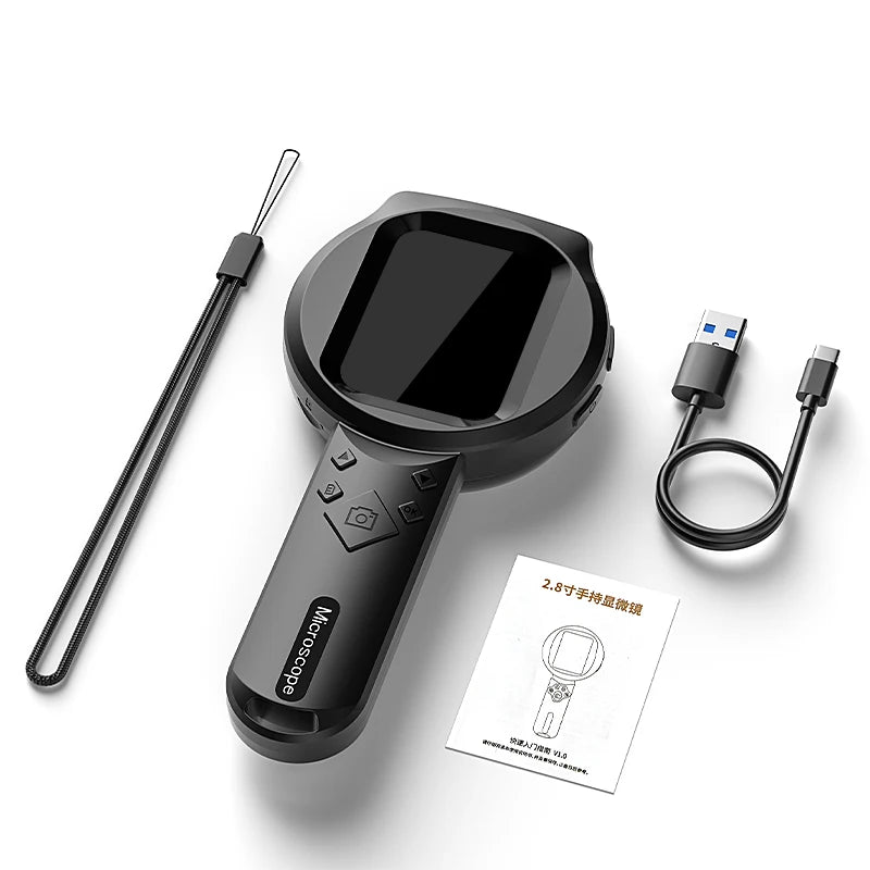 Handheld magnifier with USB cable and cleaning stick on a white background