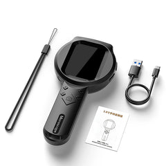 Handheld magnifier with USB cable and cleaning stick on a white background