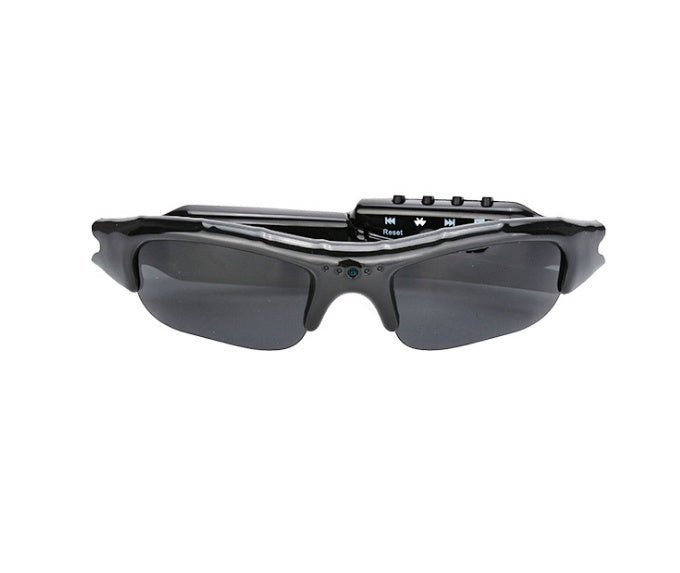 Black sunglasses with electronic components.