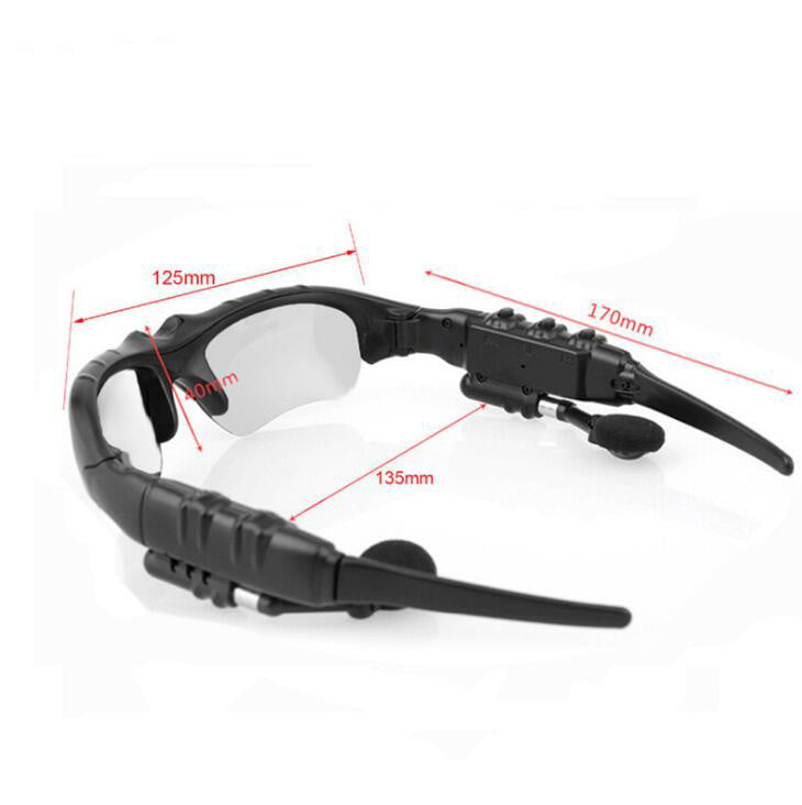 Black sunglasses with Bluetooth headset.