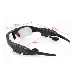 Black sunglasses with Bluetooth headset.
