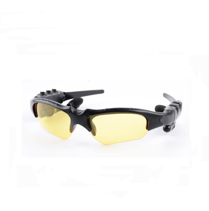 Yellow Sunglasses with Bluetooth device.