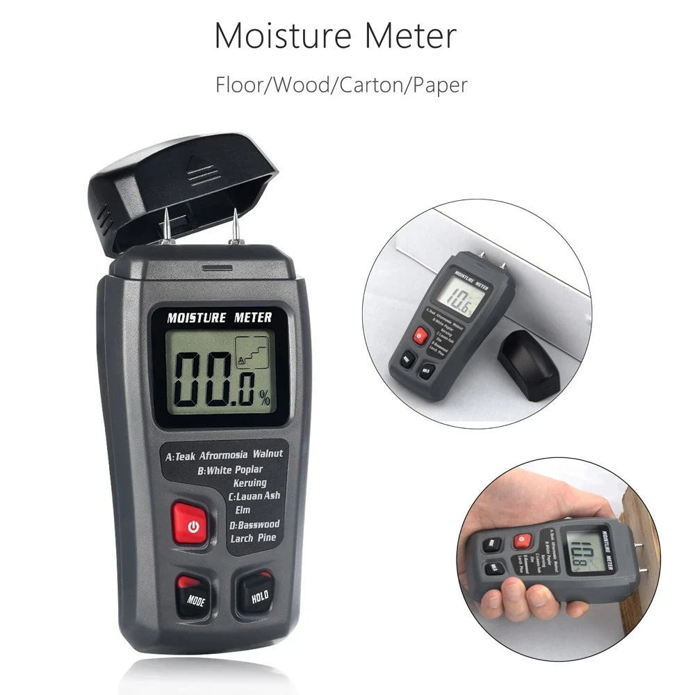 Digital moisture meter with close-up insets on a white background