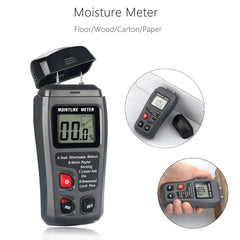 Digital moisture meter with close-up insets on a white background