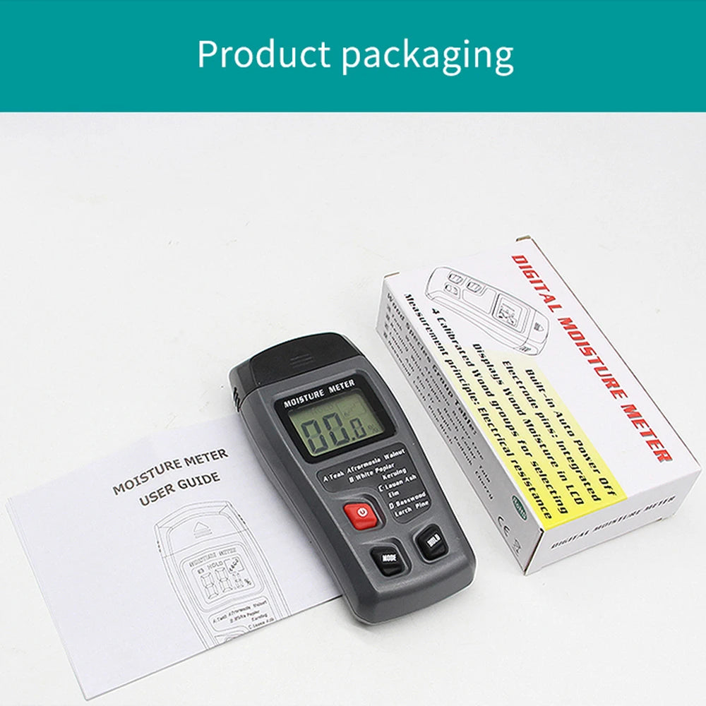 Digital moisture meter with packaging, user guide, and certification label on a white background