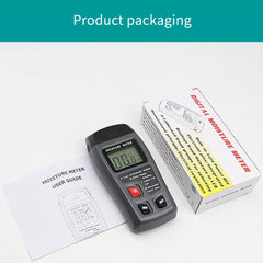 Digital moisture meter with packaging, user guide, and certification label on a white background