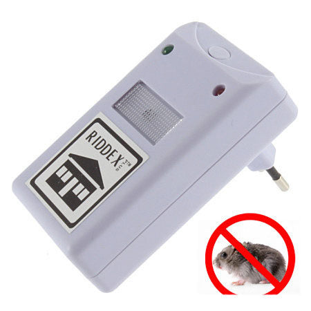 Electronic white mouse repeller with a house icon and a illustration of a mouse being deterred.