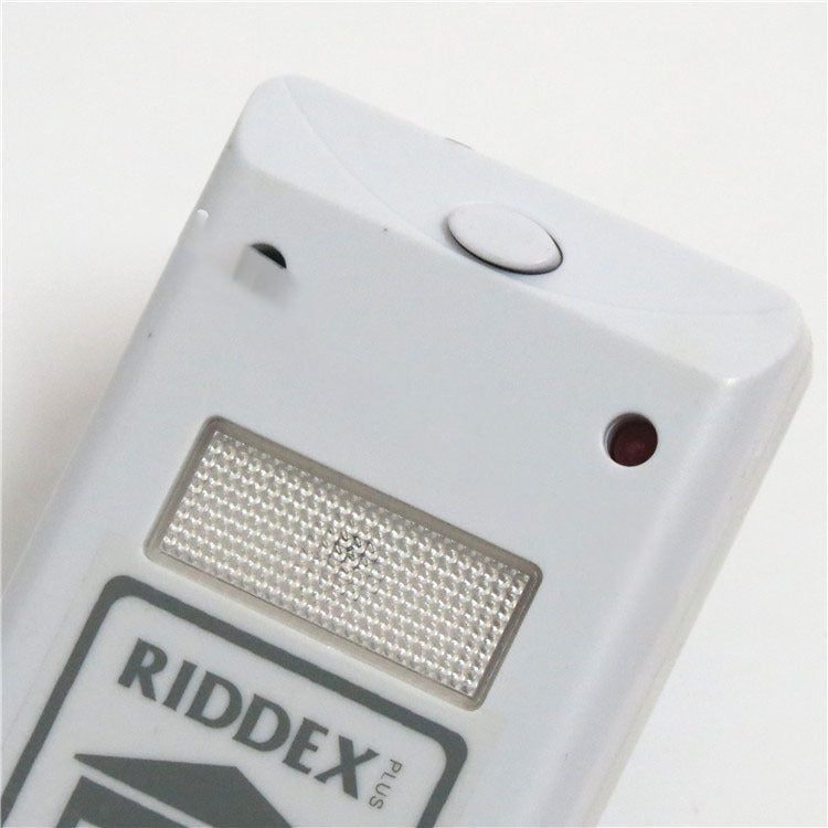 Electronic white mouse repeller with a house icon and a illustration of a mouse being deterred.