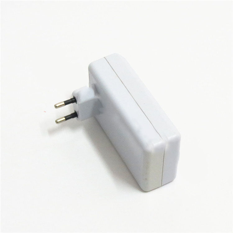 Electronic white mouse repeller with a house icon and a illustration of a mouse being deterred.