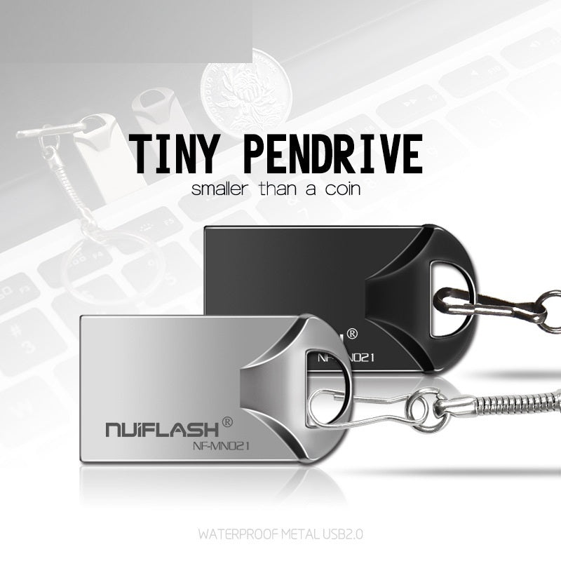 A mini size USB flash drive with black and silver color scheme.
