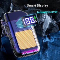A multicolor lighter with keychain flashlight featuring a smart display.