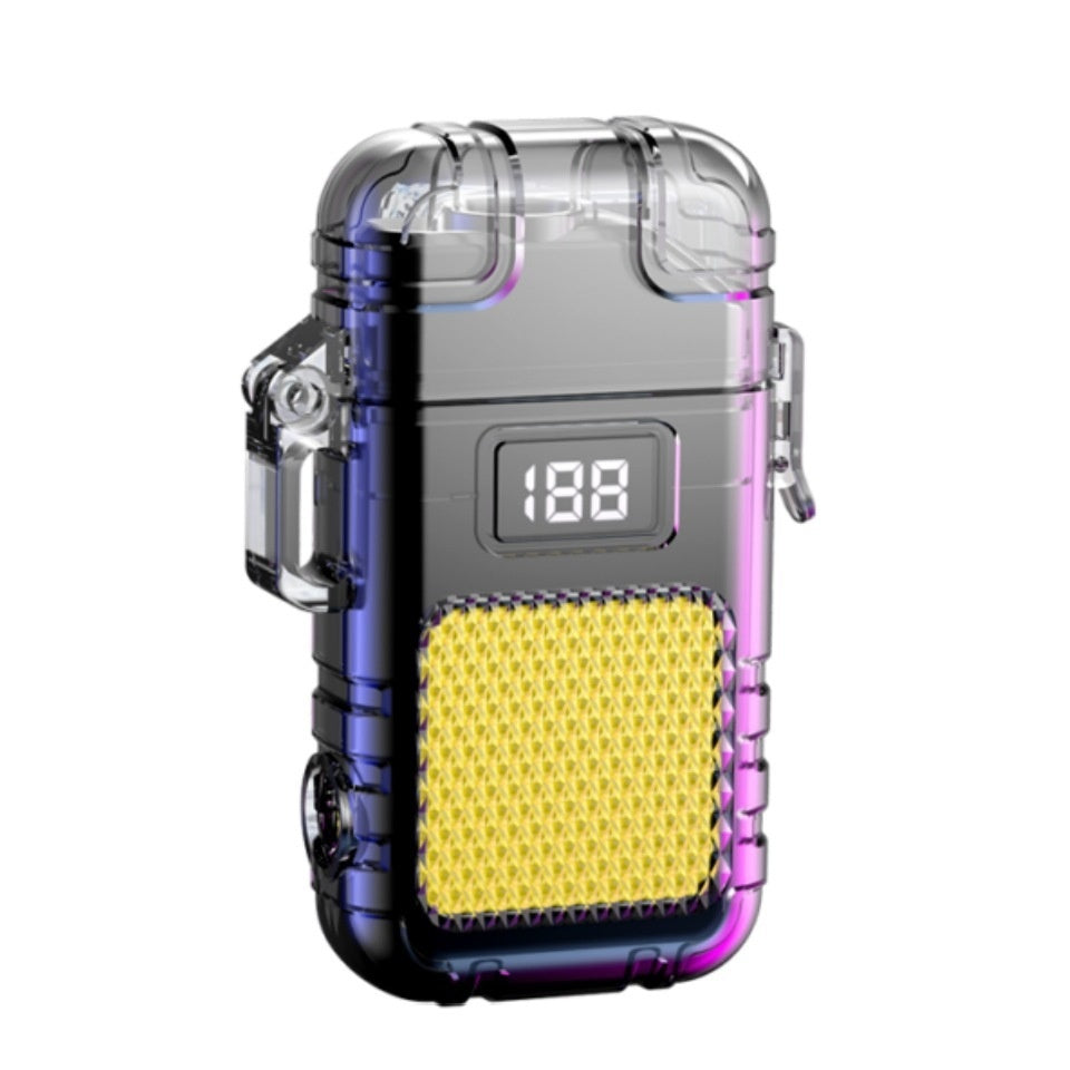 A multicolor lighter with keychain flashlight featuring a smart display.