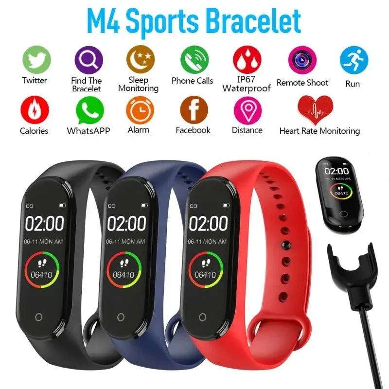 Two wristbands, one in black and one in red, with digital displays showing time and step count.