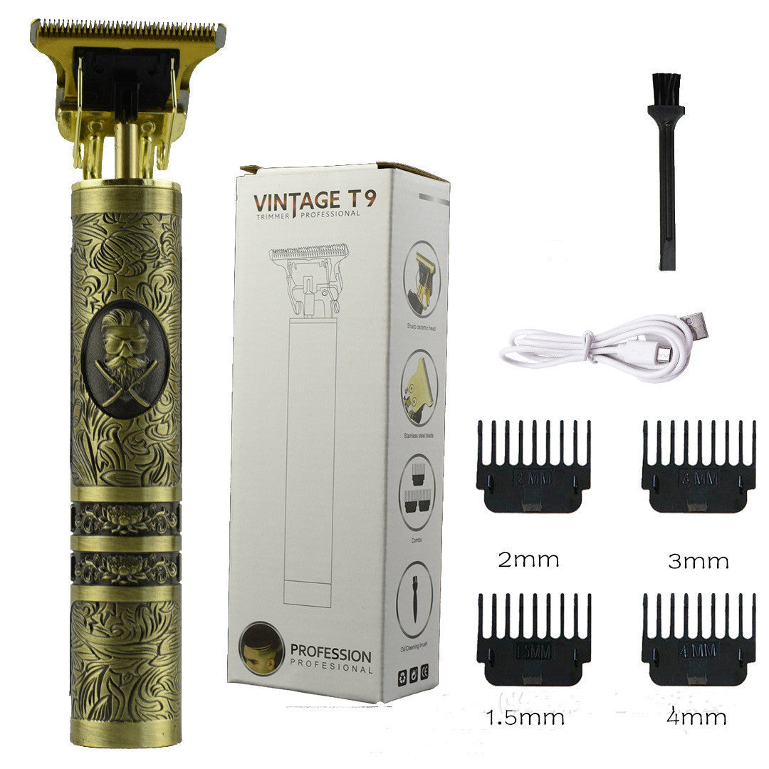 A Gold-colored hair trimmer with an ornate design, along with several attachment combs and a charging cable. The product is packaged in a box that features the name 'Vintage T9'.