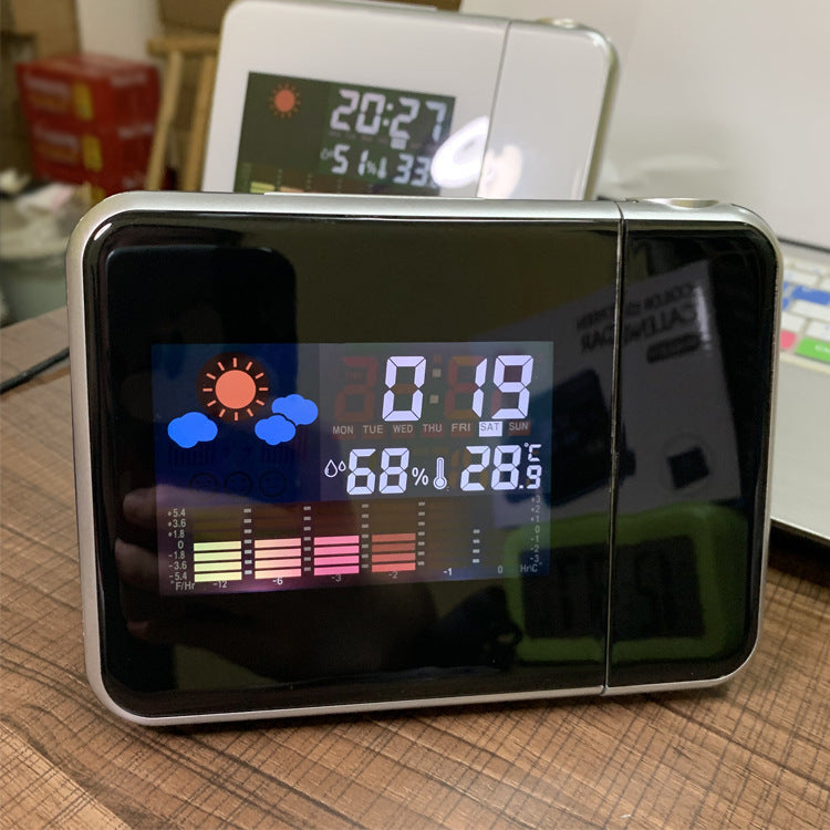 A digital electronic clock displaying time, temperature, and weather information on a black screen.
