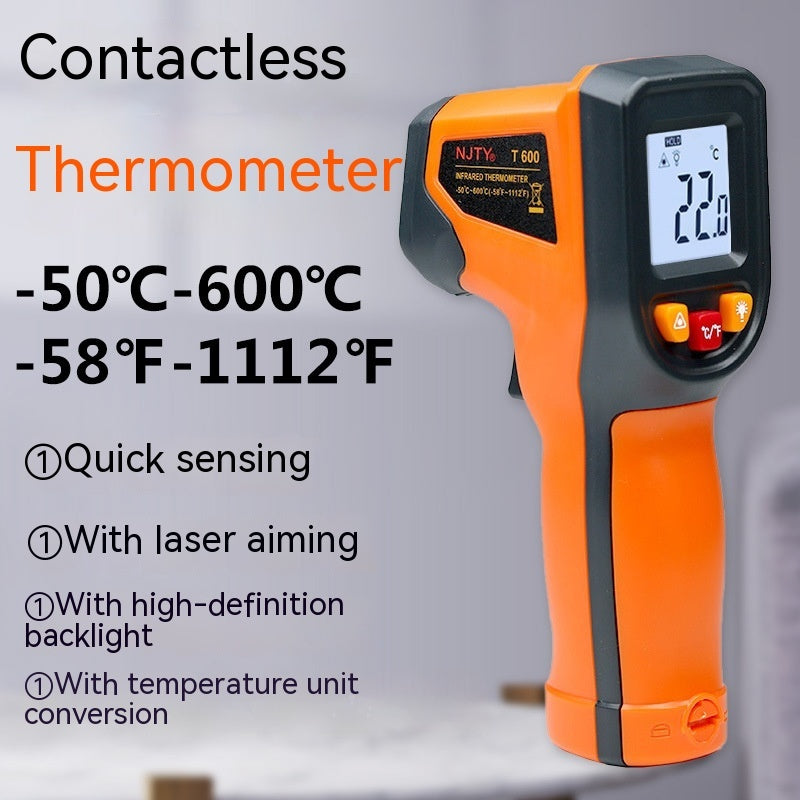 An orange and black infrared thermometer with digital display and buttons, capable of measuring temperatures from -50 to 600 degrees Celsius.