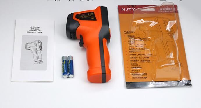 An orange and black infrared thermometer with digital display and buttons, capable of measuring temperatures from -50 to 600 degrees Celsius.