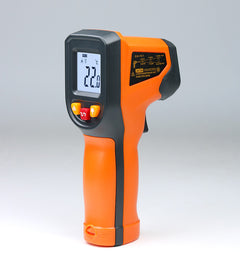 An orange and black infrared thermometer with digital display and buttons, capable of measuring temperatures from -50 to 600 degrees Celsius.