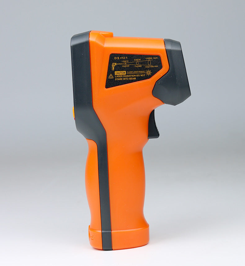 An orange and black infrared thermometer with digital display and buttons, capable of measuring temperatures from -50 to 600 degrees Celsius.
