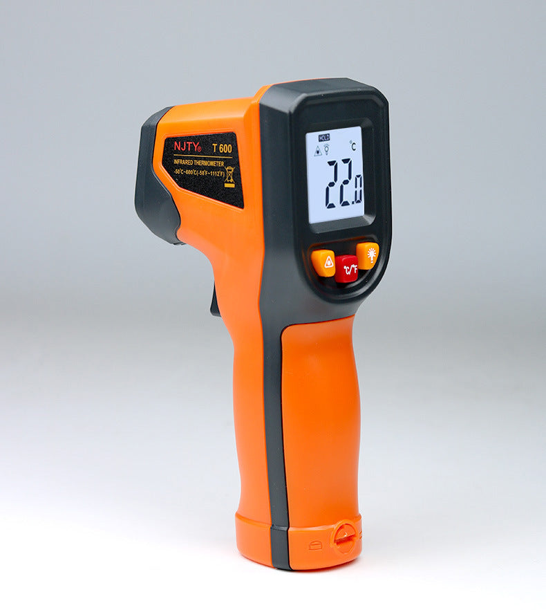 An orange and black infrared thermometer with digital display and buttons, capable of measuring temperatures from -50 to 600 degrees Celsius.