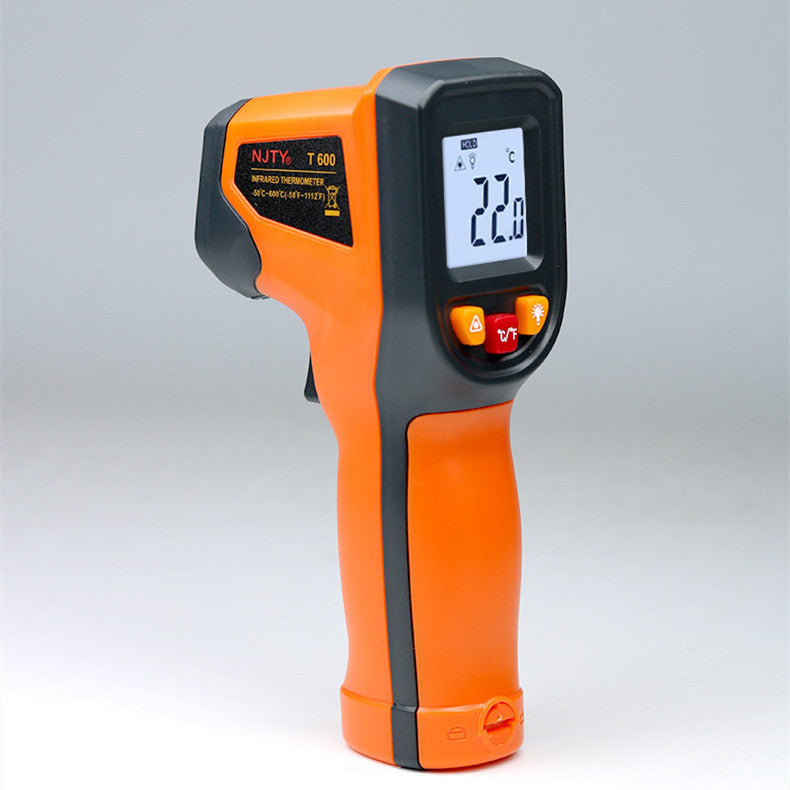 An orange and black infrared thermometer with digital display and buttons, capable of measuring temperatures from -50 to 600 degrees Celsius.