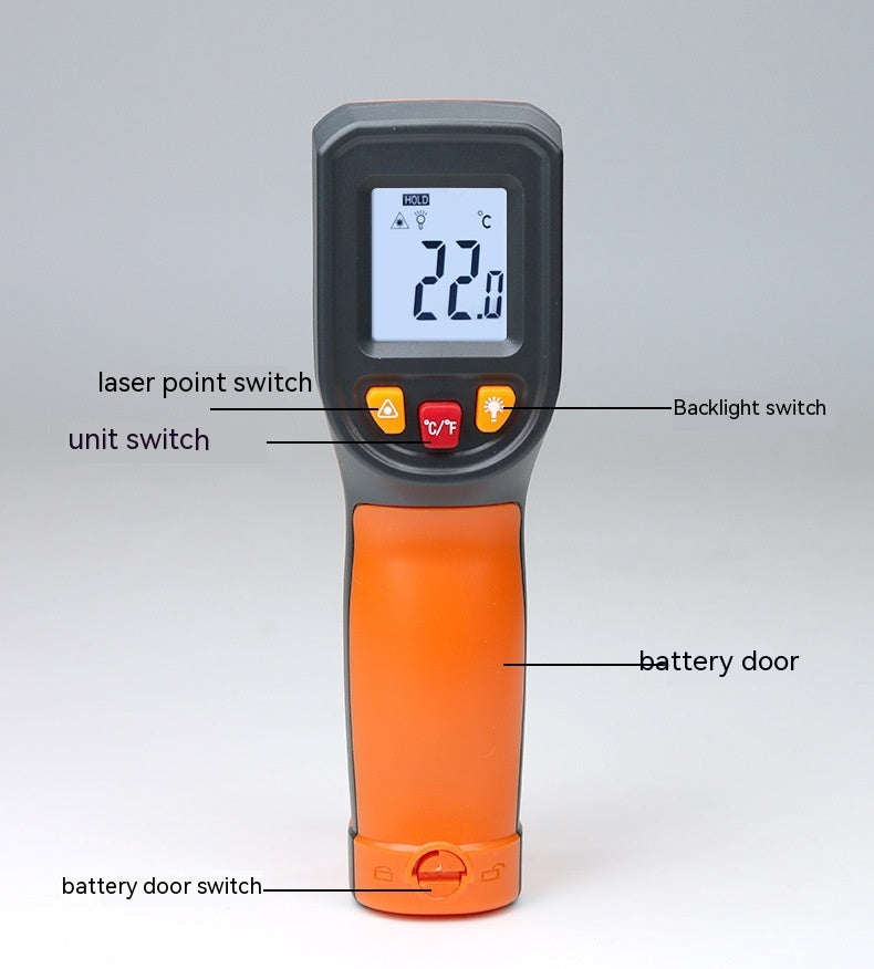An orange and black infrared thermometer with digital display and buttons, capable of measuring temperatures from -50 to 600 degrees Celsius.