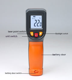 An orange and black infrared thermometer with digital display and buttons, capable of measuring temperatures from -50 to 600 degrees Celsius.