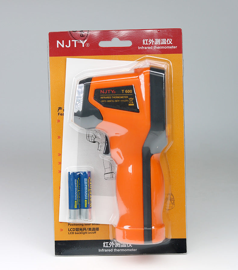 An orange and black infrared thermometer with digital display and buttons, capable of measuring temperatures from -50 to 600 degrees Celsius.