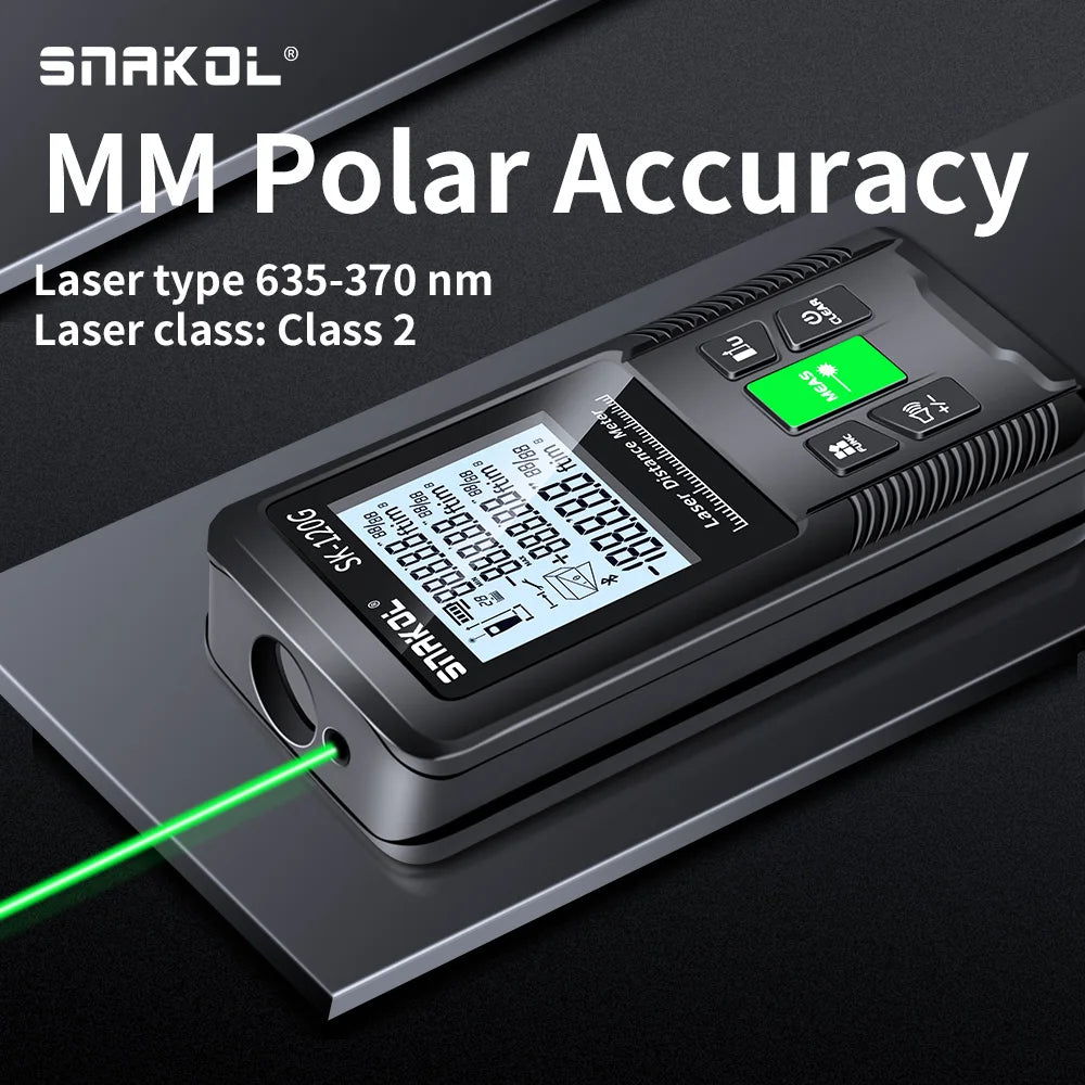 Snakol laser distance meters, showing models SK-100G and SK-120G with a digital display and various measurement settings, in black color with green highlights.
