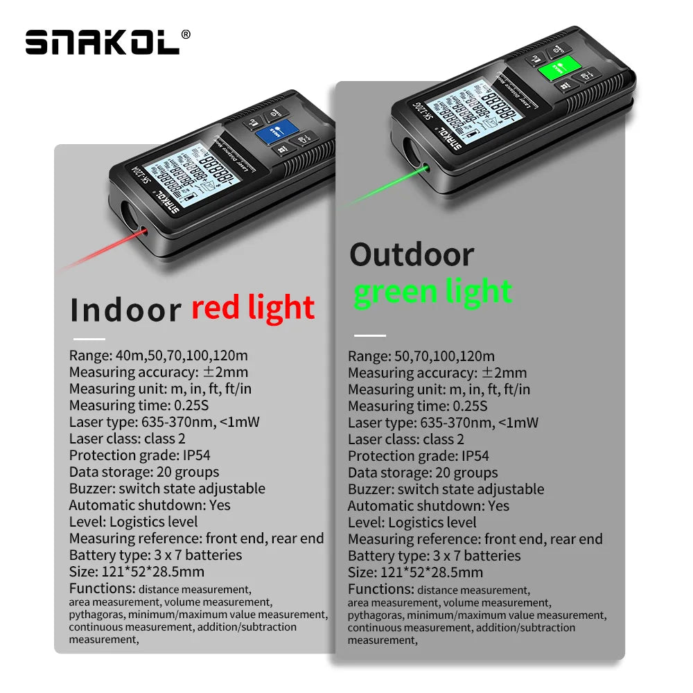 Snakol laser distance meters, showing models SK-100G and SK-120G with a digital display and various measurement settings, in black color with green highlights.