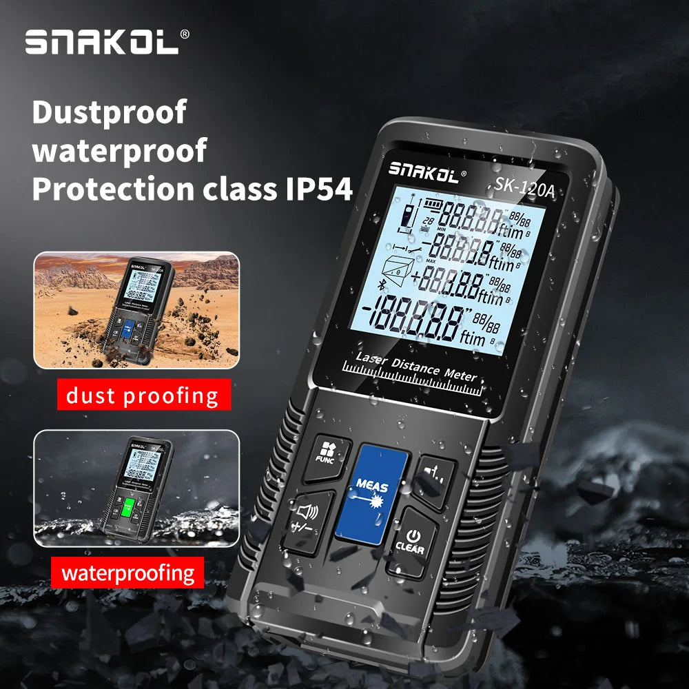 Snakol laser distance meters, showing models SK-100G and SK-120G with a digital display and various measurement settings, in black color with green highlights.