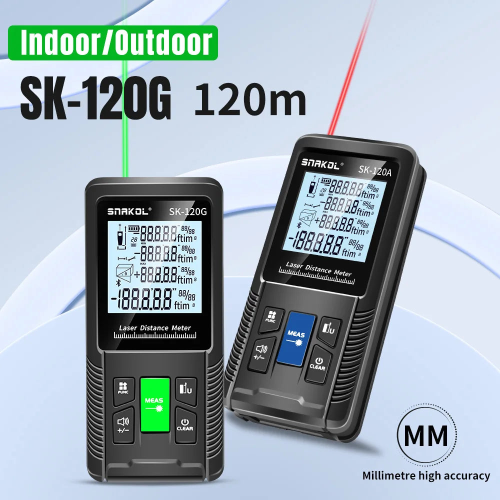 Snakol laser distance meters, showing models SK-100G and SK-120G with a digital display and various measurement settings, in black color with green highlights.