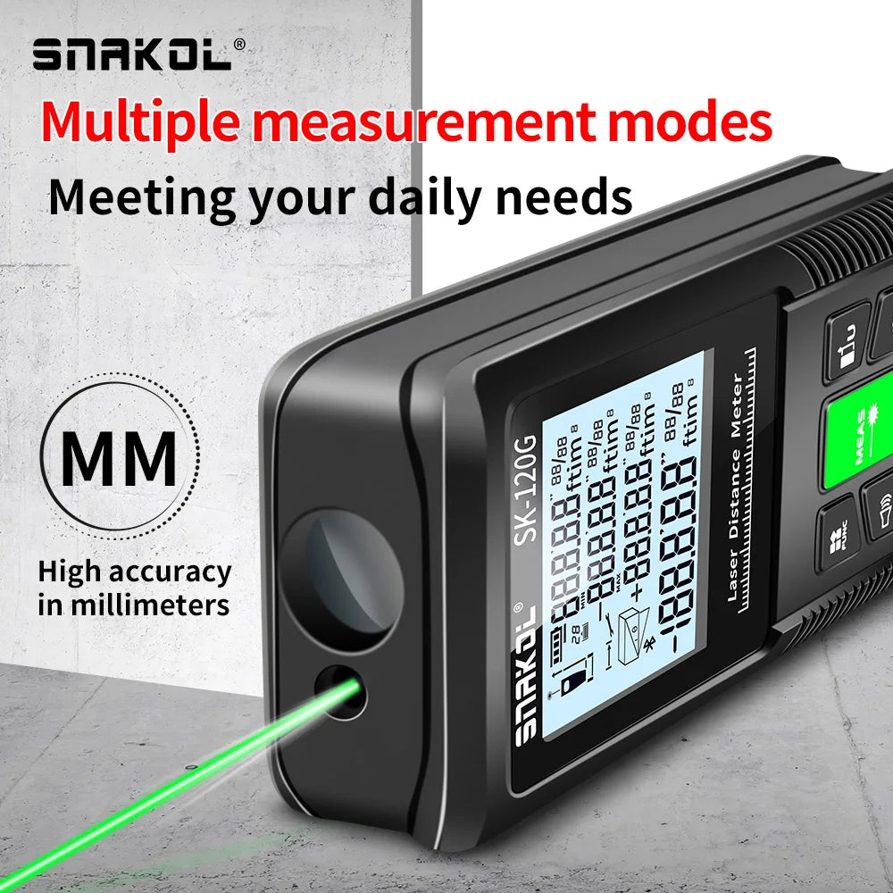 Snakol laser distance meters, showing models SK-100G and SK-120G with a digital display and various measurement settings, in black color with green highlights.