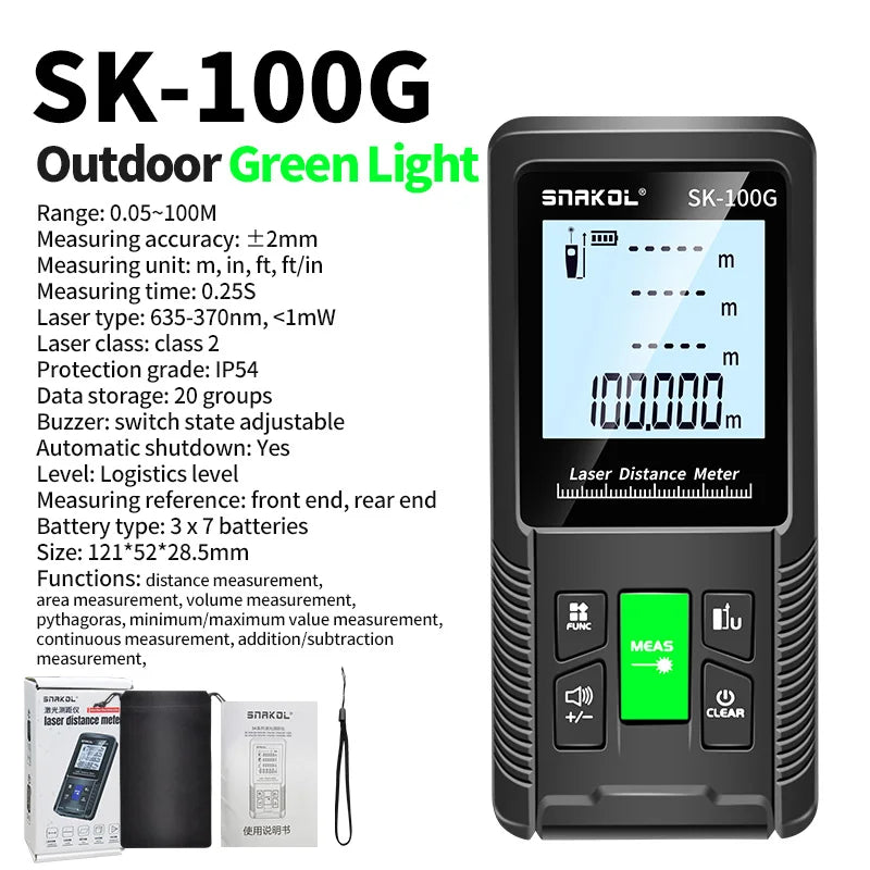 Snakol laser distance meters, showing models SK-100G and SK-120G with a digital display and various measurement settings, in black color with green highlights.