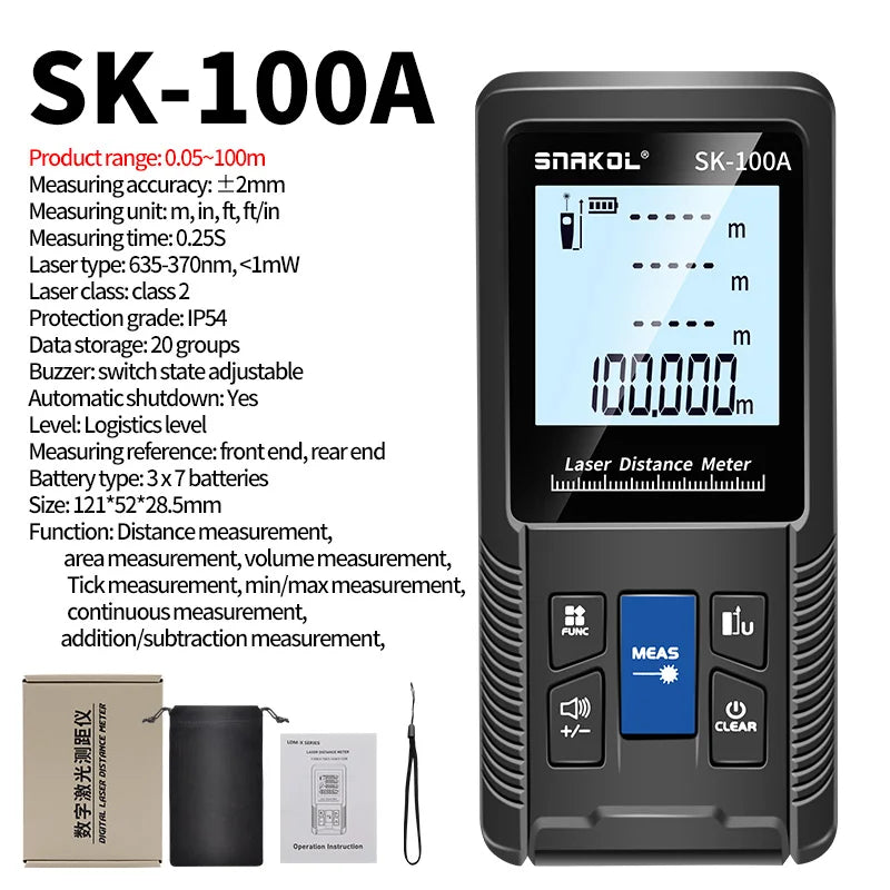 Snakol laser distance meters, showing models SK-100G and SK-120G with a digital display and various measurement settings, in black color with green highlights.