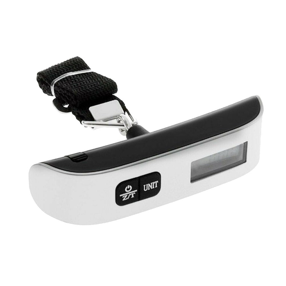 A hand holding a black luggage scale with a green LCD screen displaying weight, featuring a hook and button for operation.