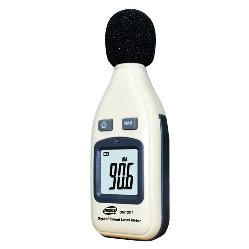 A handheld digital sound level meter with a black microphone cover, buttons, and a digital display showing a reading.