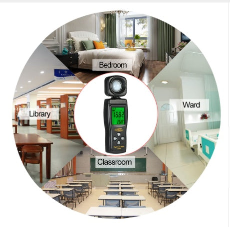 A Mini Digital Light Intensity Meter with an LCD display, black in color, showing a reading in lux on the screen.